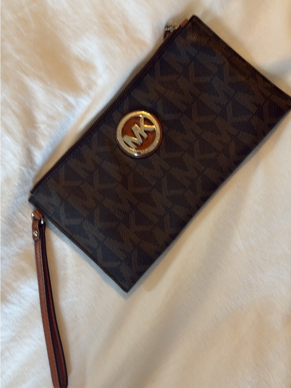 Michael Kors Brown and Gold Signature Logo Wristlet